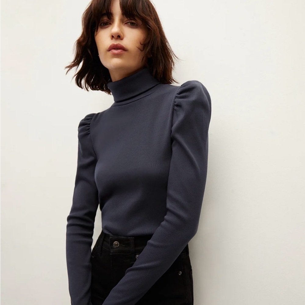 Veronica Beard Navy Puff Sleeve Top